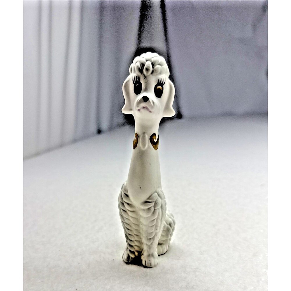 Napcoware C-6469 Poodle Figurine Vintage 1950s Japan Long Neck White Gold MCM